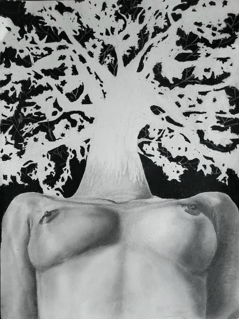 Pencil art of womans breast and tree