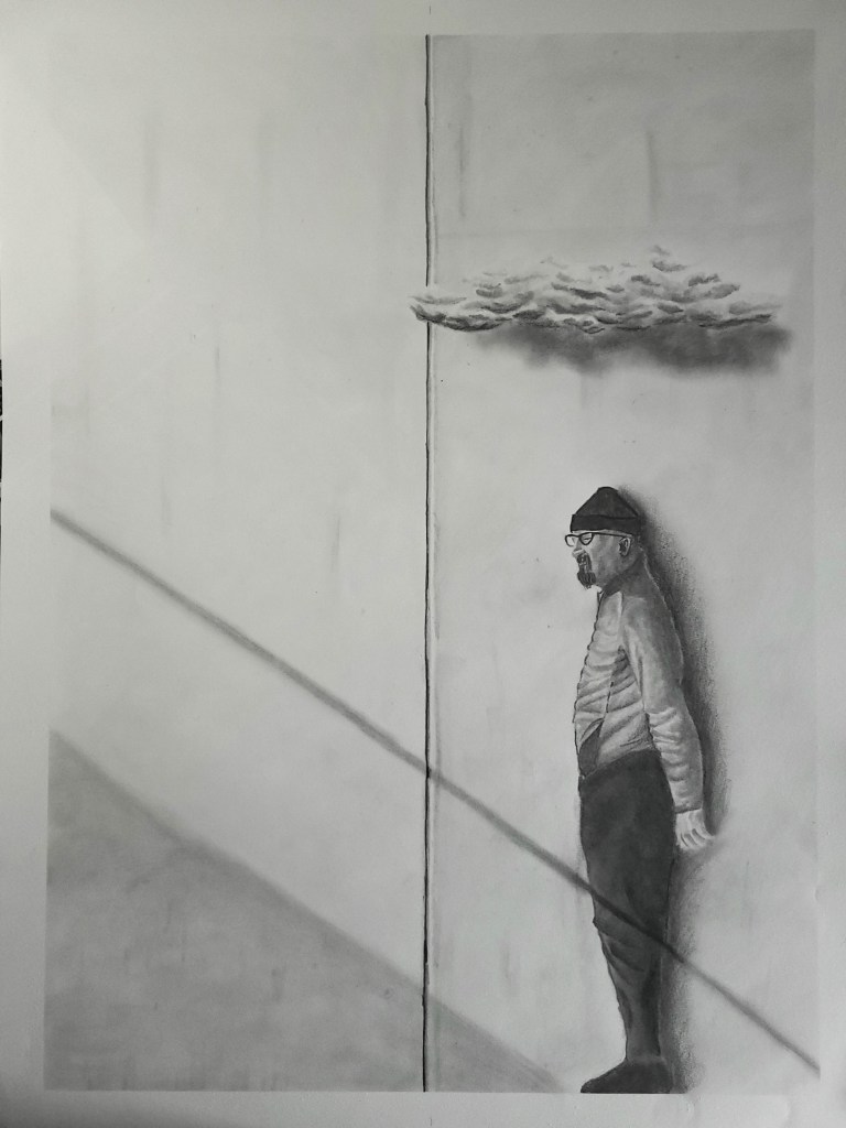 Pencil art of cloud over man. cloudy