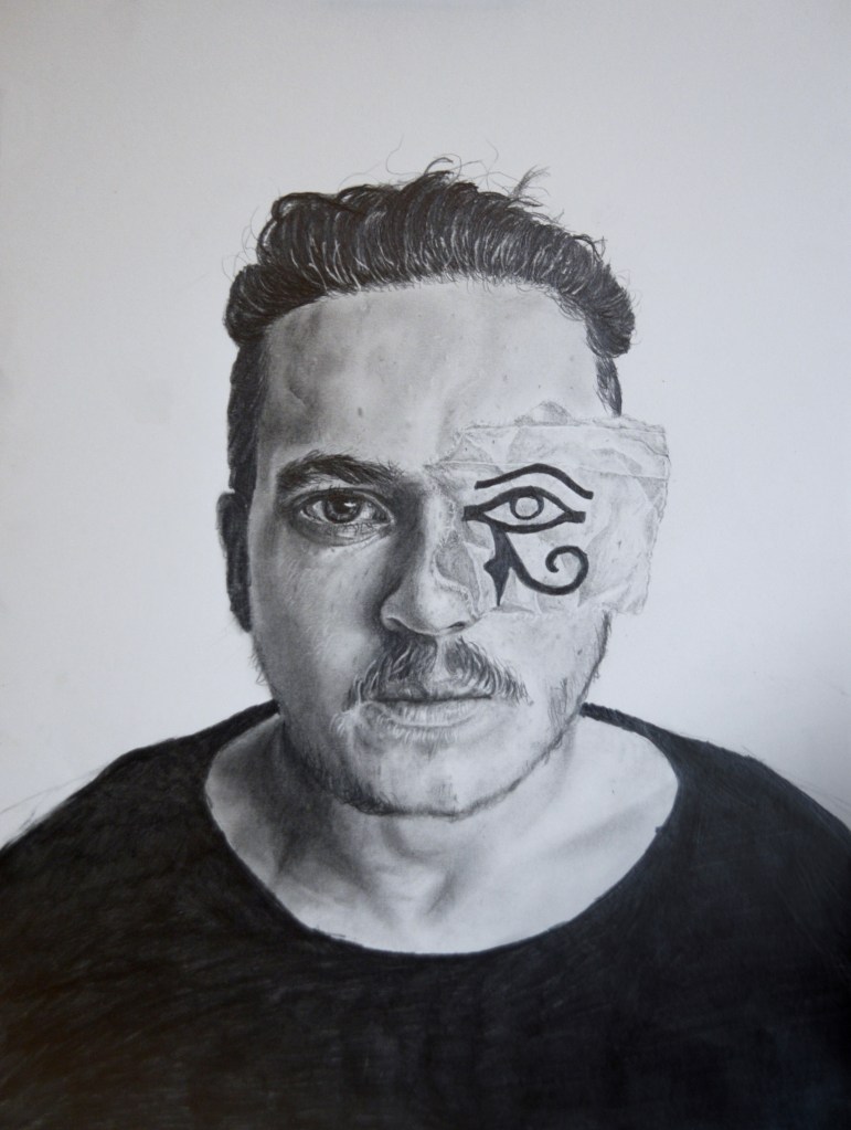 Pencil art of man and Horus eye
